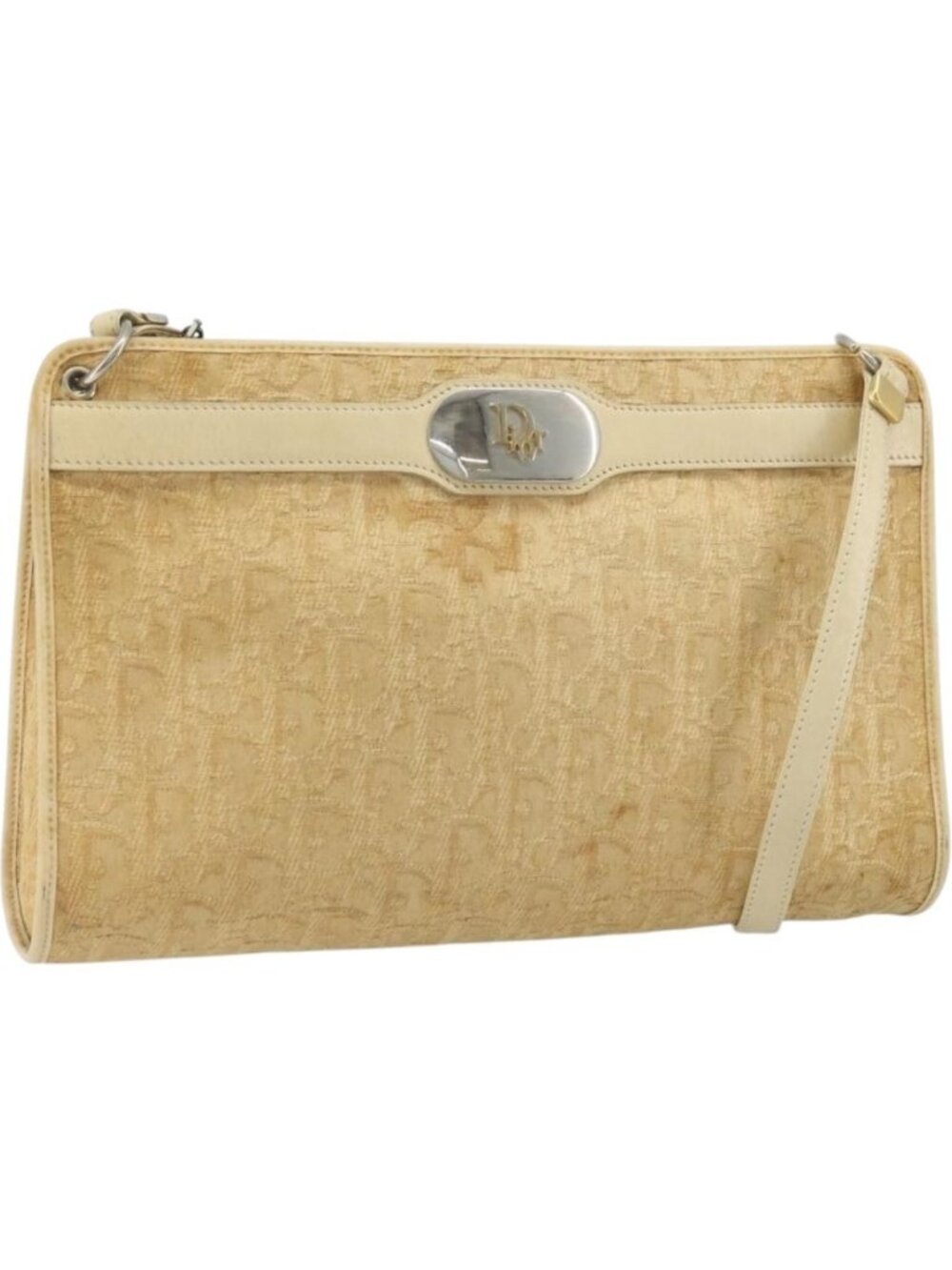 Christian Dior Trotter Canvas Shoulder Bag Beige Gold